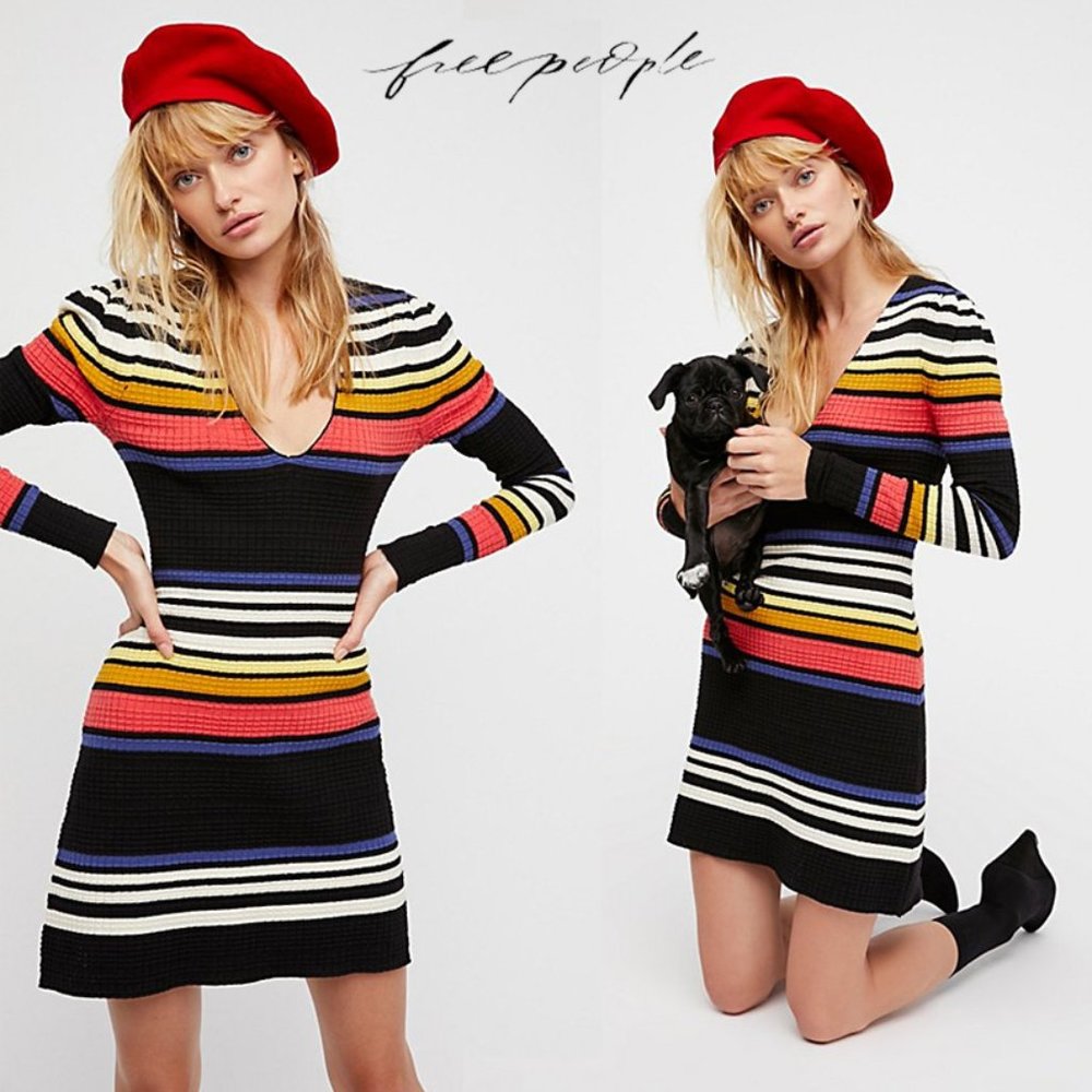 Free People Gidget Dress Knit Sweater Dress Striped V-neck Size XS